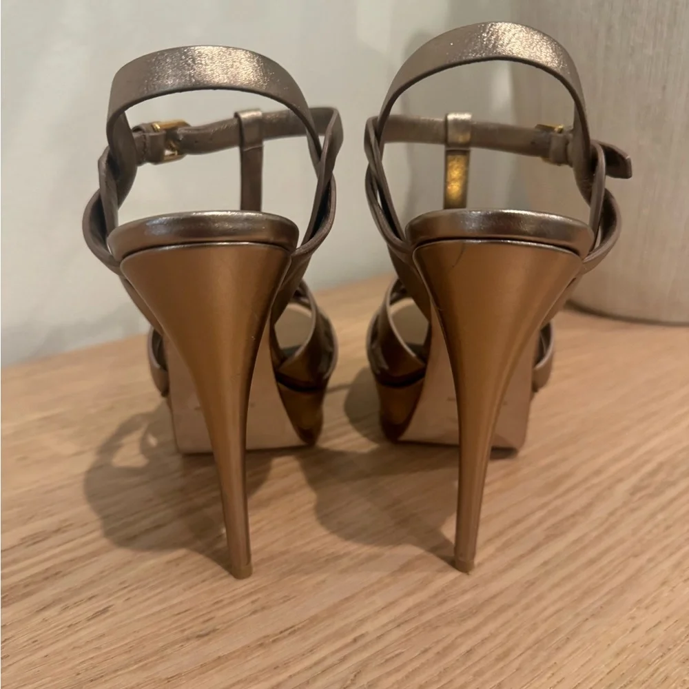 Saint Laurent Metallic Bronze Braided T-Strap Platform Sandals - Picture 8 of 16